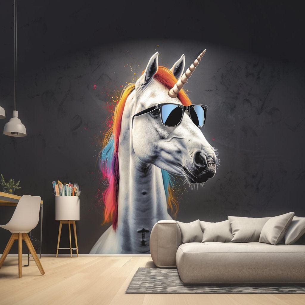 Graffiti unicorn wall sticker with sunglasses in vibrant colors, perfect for modern and whimsical home decor.