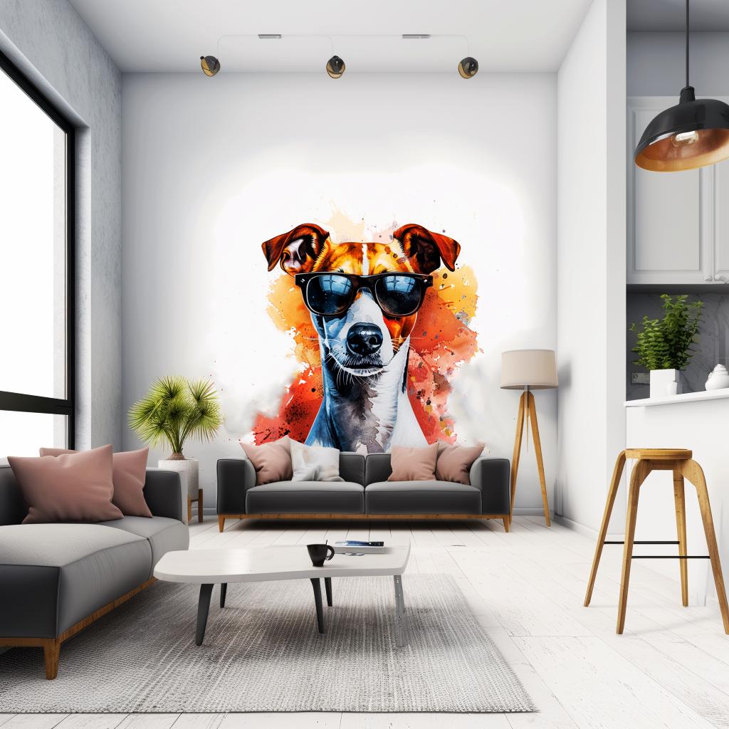 Vibrant Jack Russell Terrier Wall Sticker with Sunglasses | Watercolor Dog Art Decal | Modern Pet Lover Home Decor | Fun Bedroom Decoration