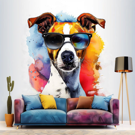 Colorful Jack Russell Terrier wall sticker with sunglasses, vibrant watercolor design in living room decor.