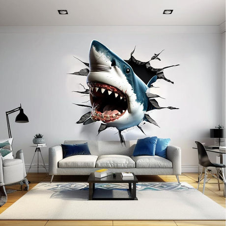 3D Great White Shark wall sticker bursting through a wall, creating a dramatic underwater adventure in modern living room decor.