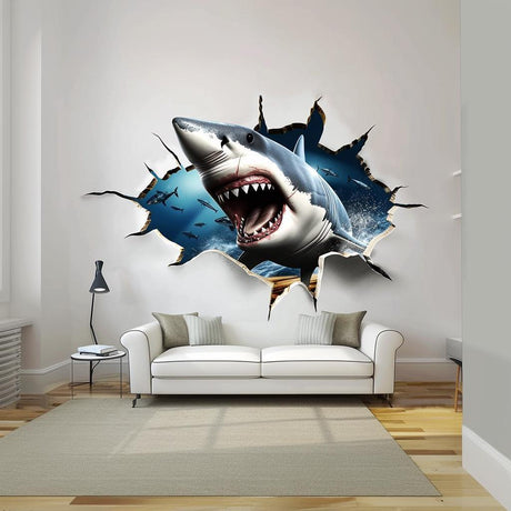 Realistic 3D Crack White Shark Wall Sticker bursting through a wall in a living room setting.