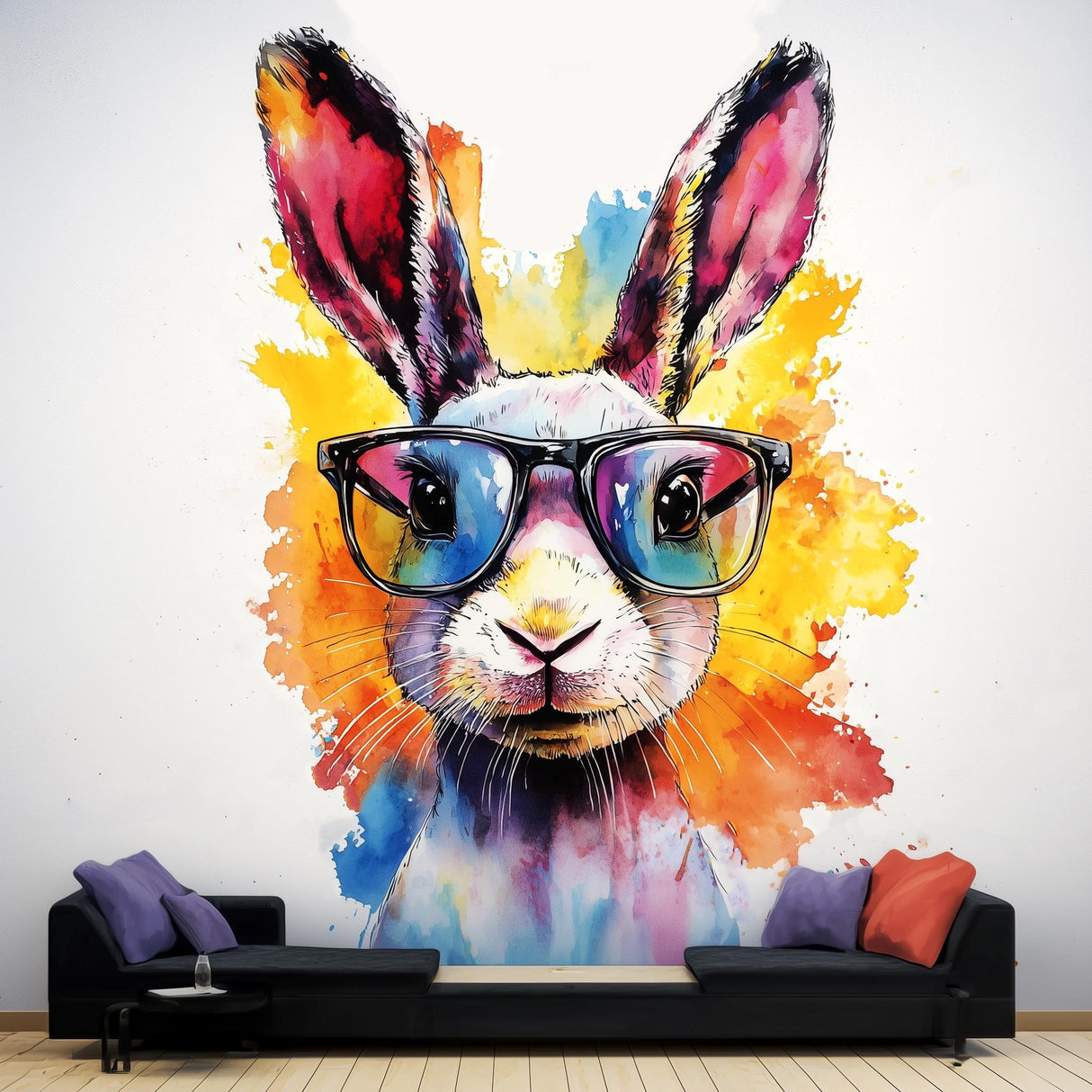 Vibrant watercolor rabbit with sunglasses wall decal, playful decor for kids' room, photorealistic bunny sticker