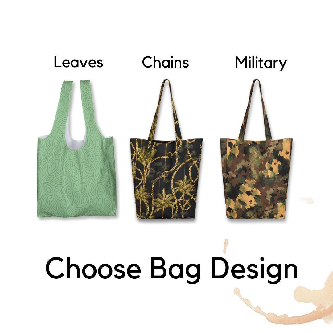 Three tote bag designs: green leaves, black chains, and military pattern for versatile style options.