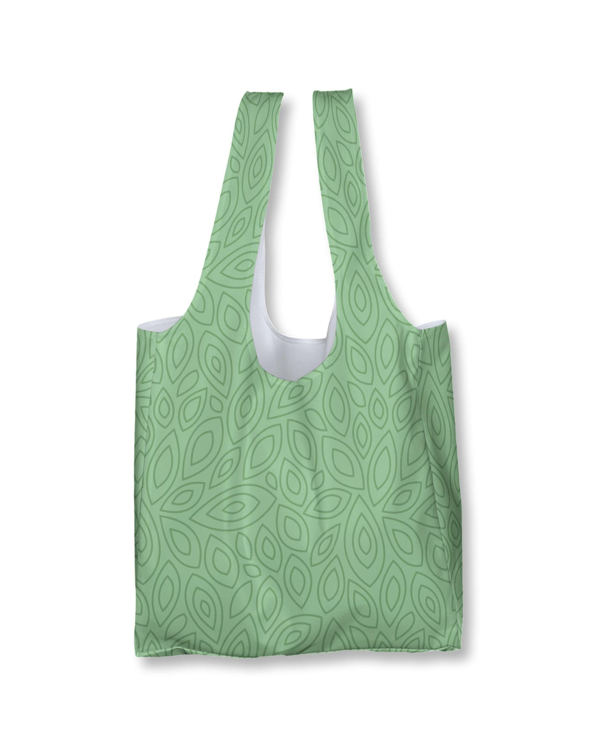 Green reusable tote bag featuring a leaf pattern, perfect for shopping and everyday use.