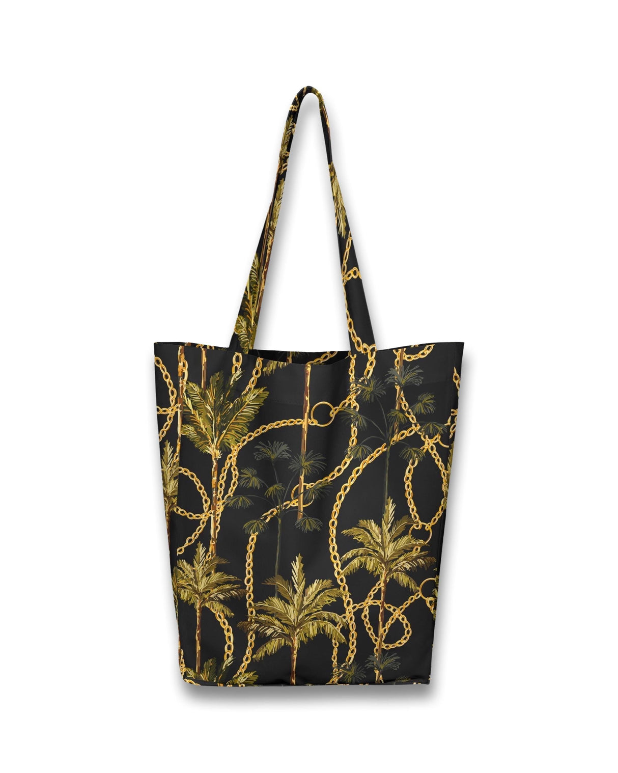 Stylish black tote bag with gold palm tree and chain pattern, perfect for beach or everyday use.