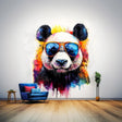 Colorful panda wall decal with sunglasses for a fun kids' room decor, featuring a watercolor splash design.