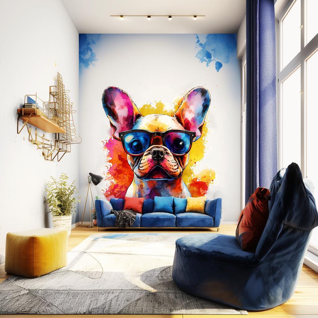 Colorful Baby French Bulldog wall decal in sunglasses, adding joy to a vibrant living space.
