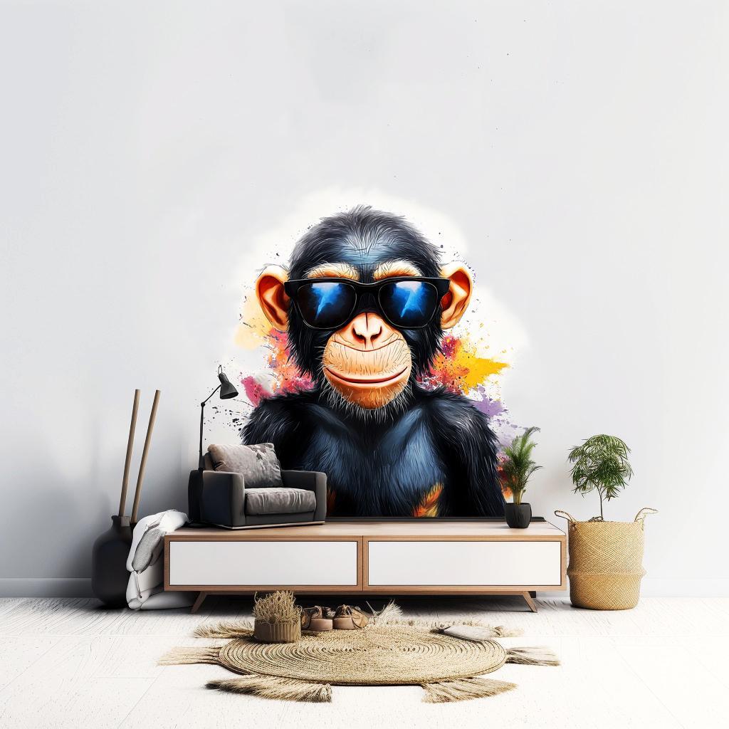 Cool baby chimpanzee wall sticker with sunglasses on vibrant background for fun kids room decor.