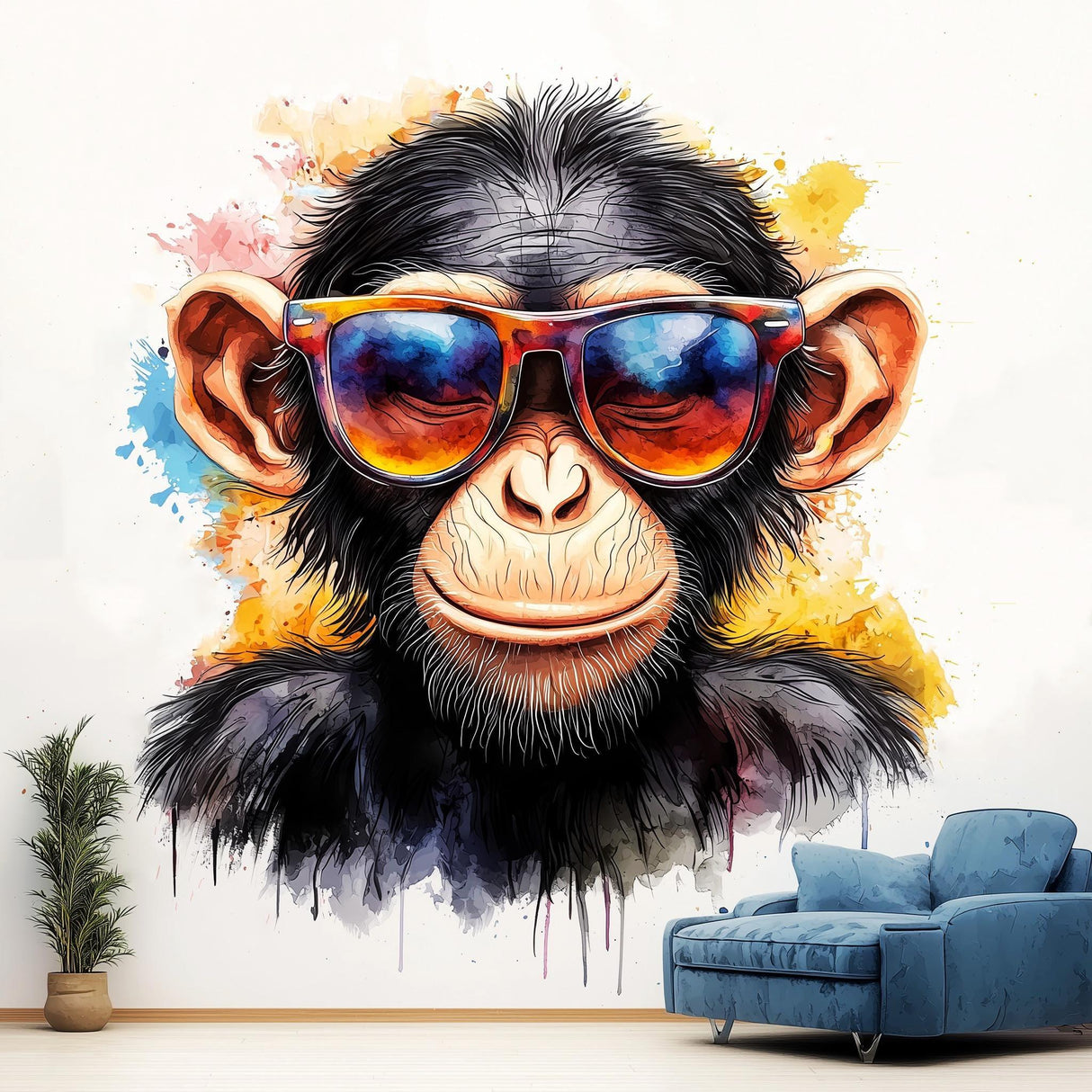 Colorful baby chimpanzee wall sticker with sunglasses, playful decor for nursery or playroom.