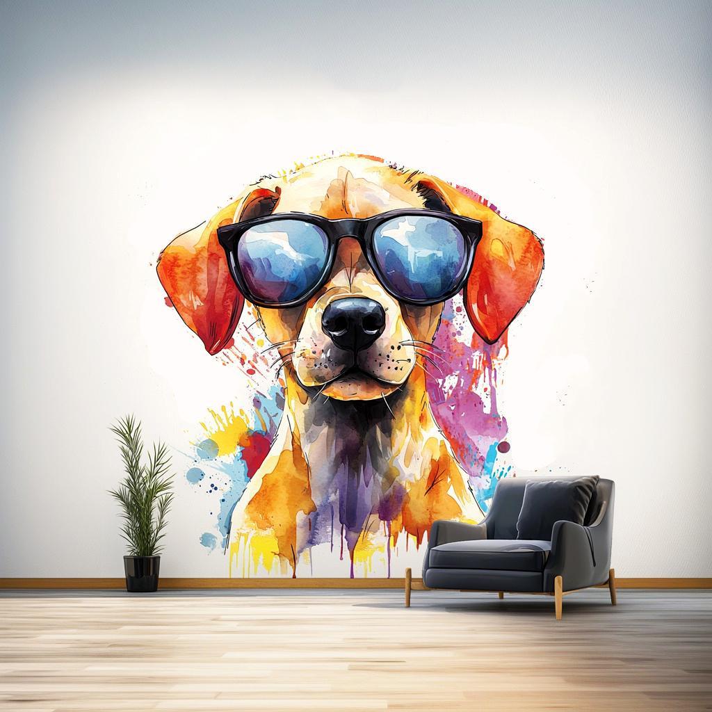 Colorful labrador puppy wall sticker with sunglasses, adding playful decor to a modern living room.
