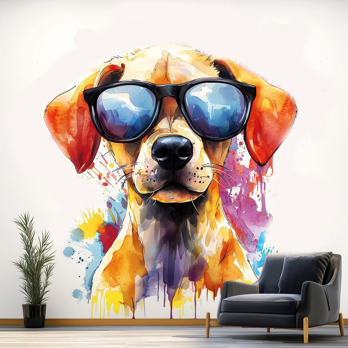 Colorful Labrador puppy wall sticker with sunglasses, vibrant and fun decor for kids' rooms.