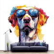 Vibrant Labrador Retriever wall sticker with sunglasses, colorful dog decal for playful home decor.