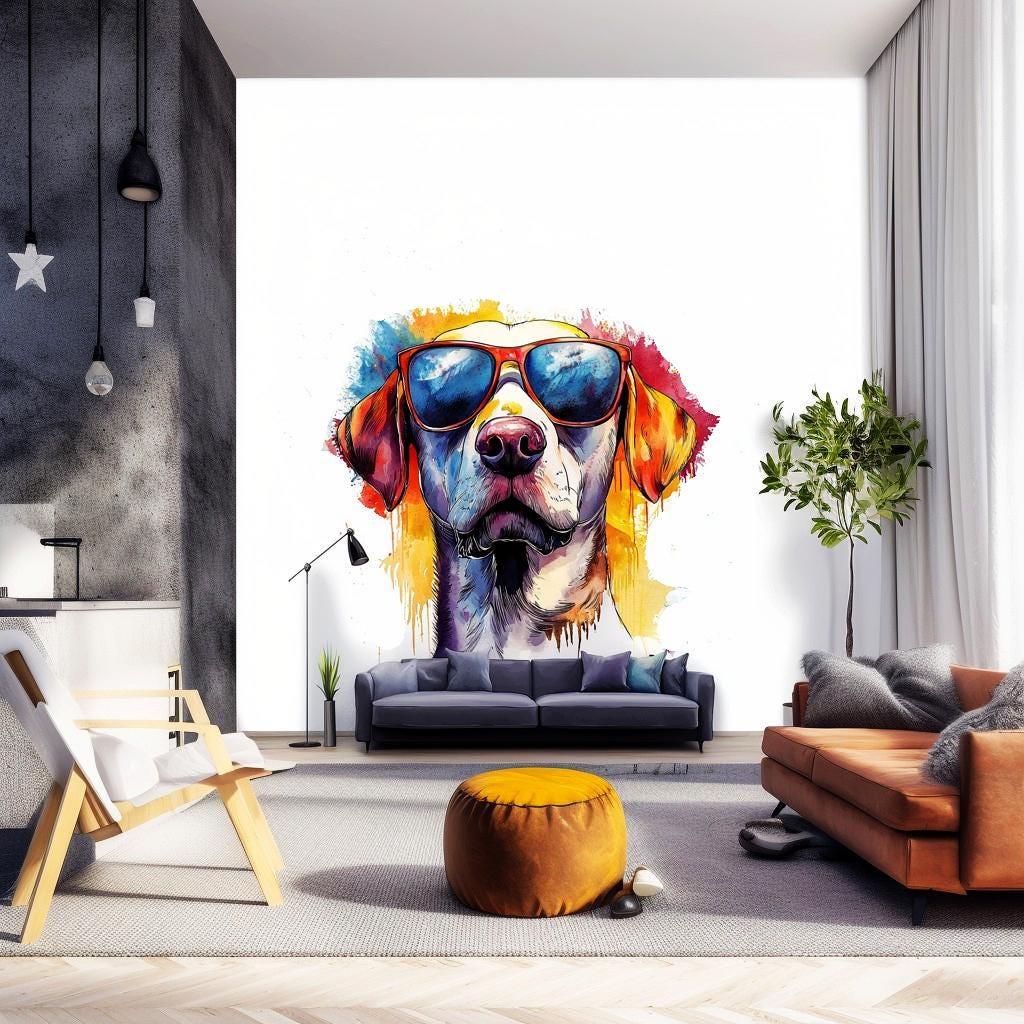 Vibrant Labrador Retriever wall sticker in sunglasses, brightening up a modern living space with playful decor.