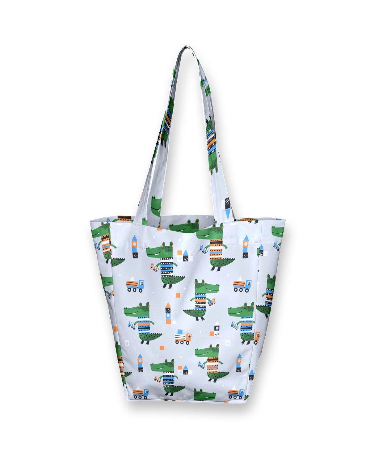Kids shopper bag featuring playful dinosaur design on white background, perfect for organizing small items.