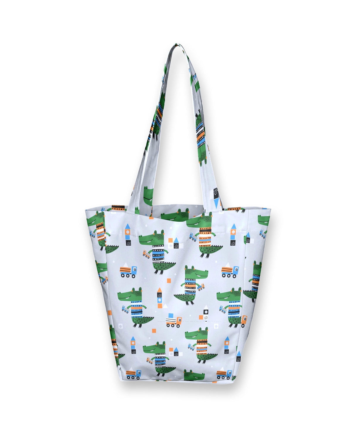 Kids tote bag featuring playful dinosaur and car designs on a light background, perfect for organizing small items.