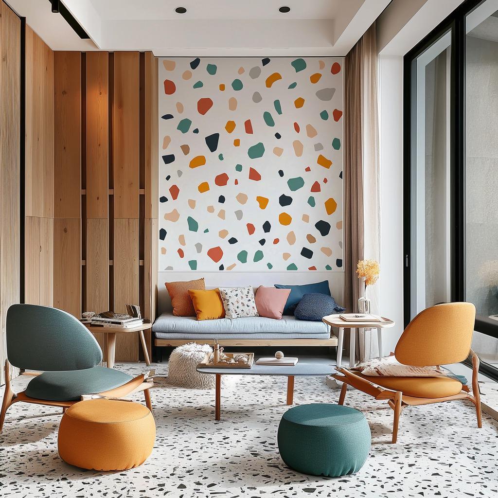 Stylish living room featuring colorful terrazzo wall stickers and modern furniture, perfect for kids' decor.