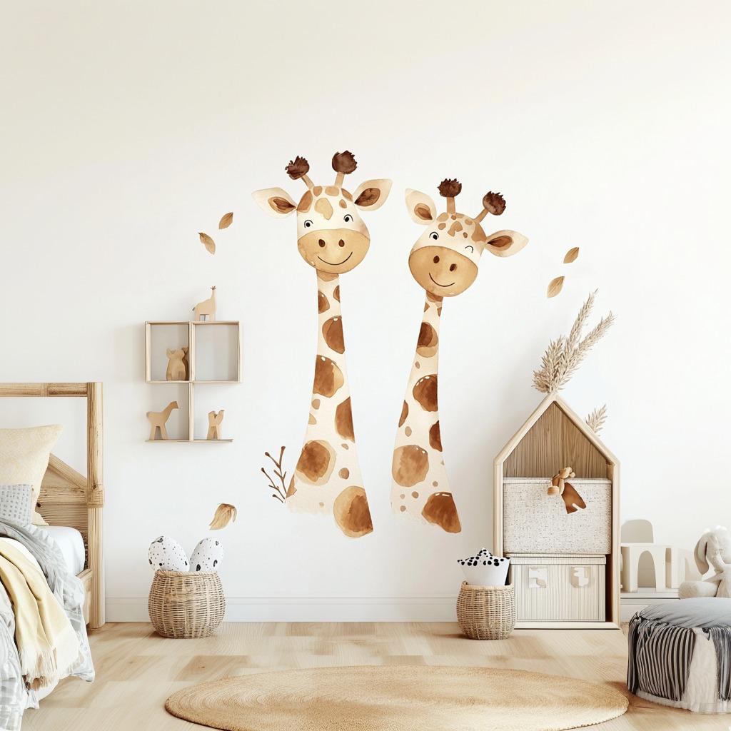 Playful watercolor giraffe wall sticker for kids room with smiling faces and leaves, eco-friendly vinyl art.