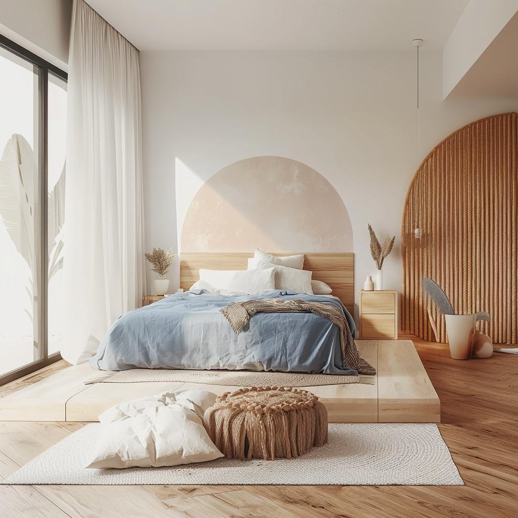 Minimalist bedroom featuring a boho headboard decal in pastel colors, creating a calming and stylish decor accent.