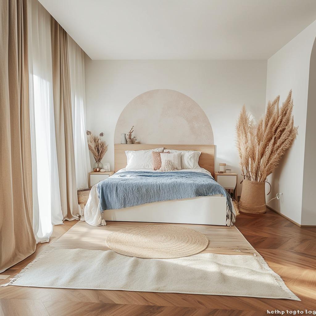 Minimalist bedroom with Boho headboard decal, blue bedding, and natural accents for a serene decor look.