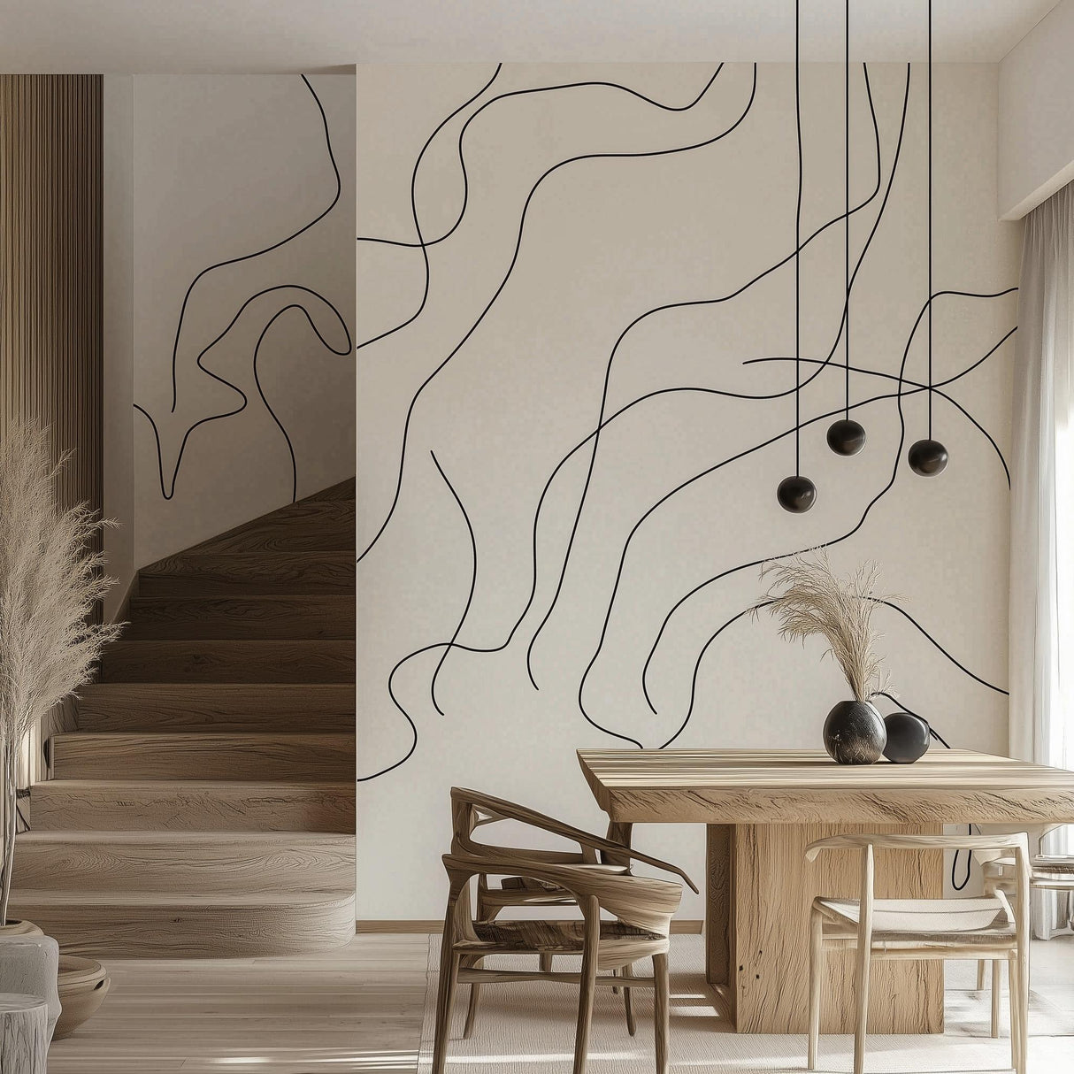 Minimalist boho stripe wall decals in a modern living room decor, featuring abstract line art on light walls.