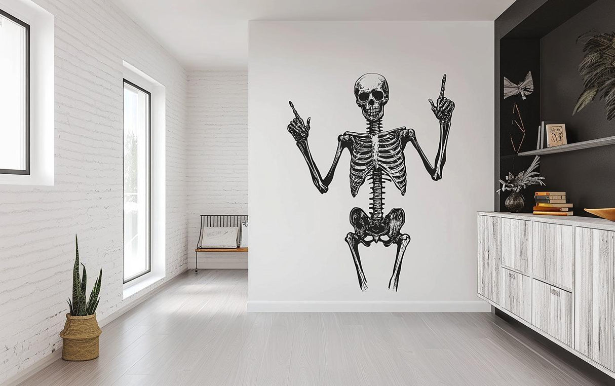 Life-size removable skeleton wall decal adds a gothic touch to modern room decor, perfect for Halloween or year-round style.