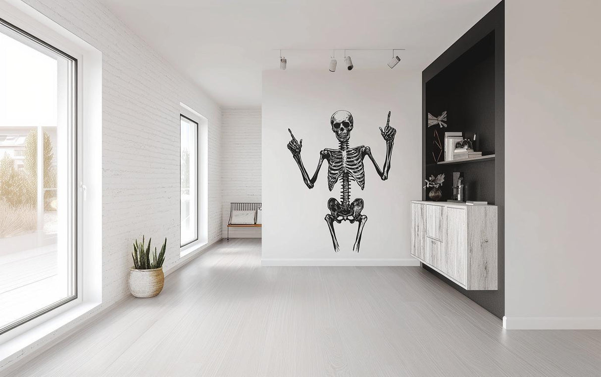 Life-size skeleton wall decal in modern room, adding gothic and Halloween decor style to the space.
