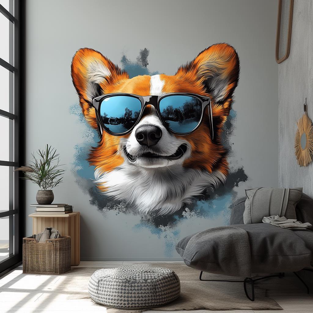 Corgi wearing sunglasses wall decal in a stylish living room, fun animal wall art for kids' and modern decor.