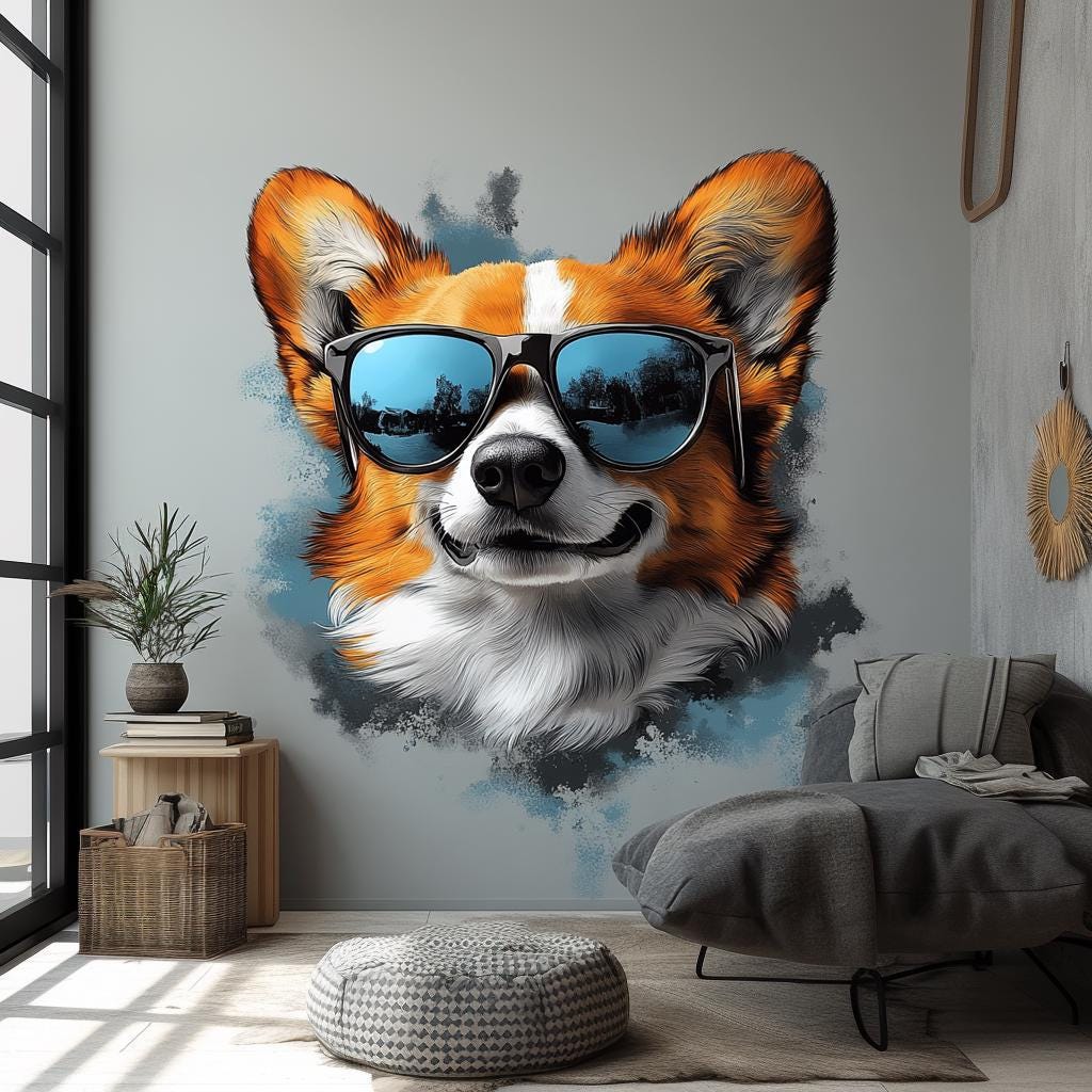 Corgi with Sunglasses Wall Decal | Cool Dog Wall Art | Removable Animal Wall Sticker | Fun Puppy Themed Room Decor for Kids, Living Room