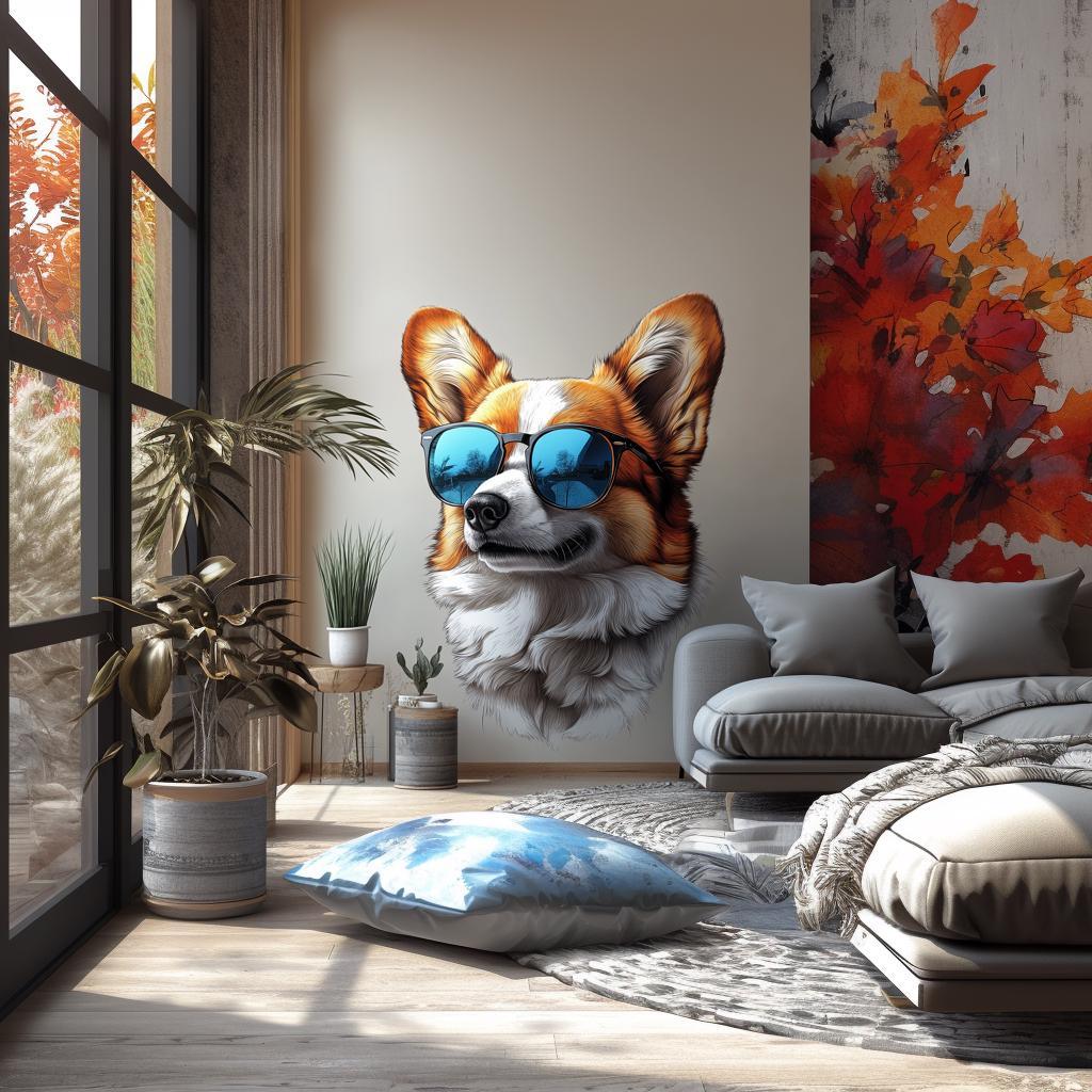 Cool corgi wall decal with sunglasses adding charm to a stylish living room decor.