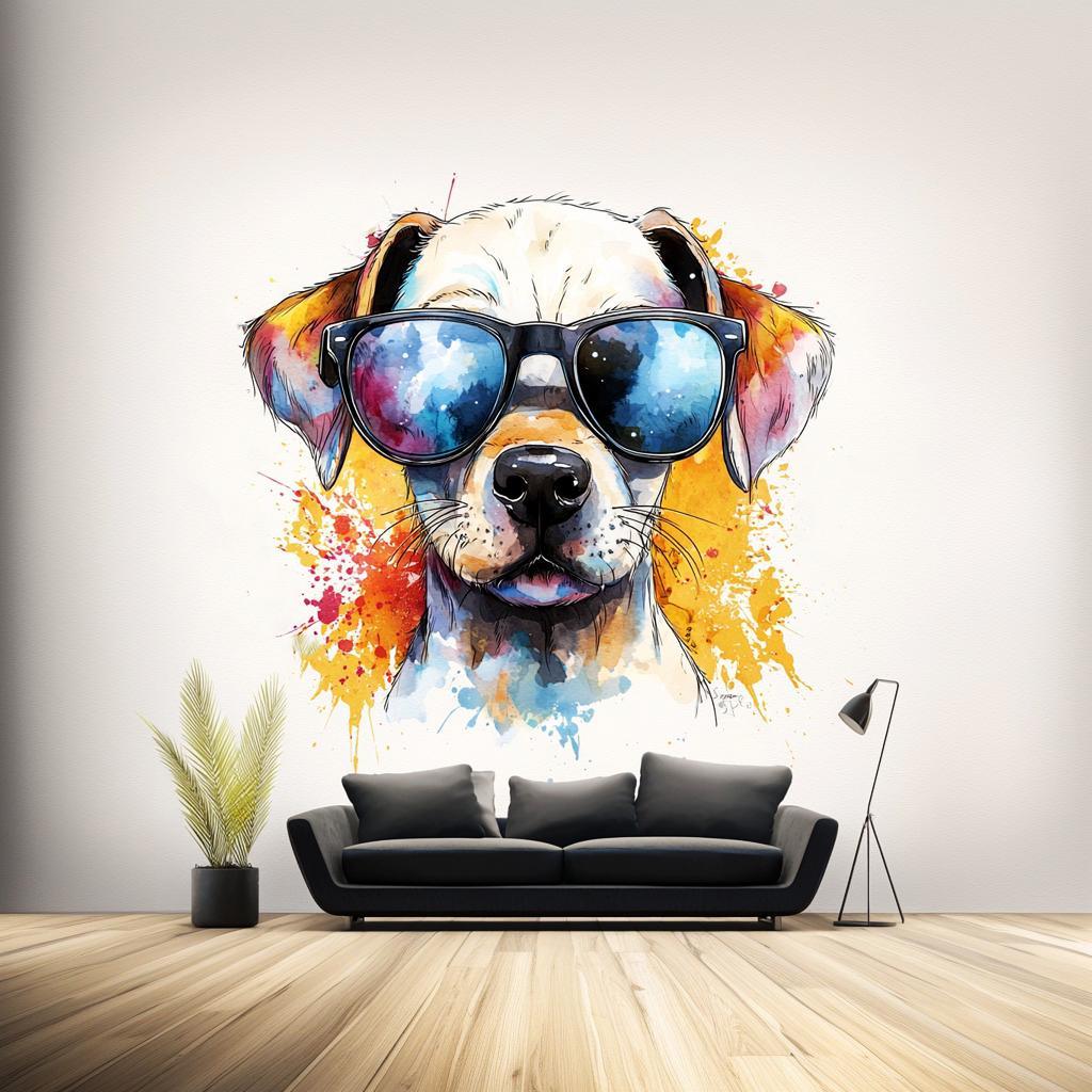 Colorful wall sticker of a Labrador Retriever puppy wearing sunglasses, ideal for playful home decor.