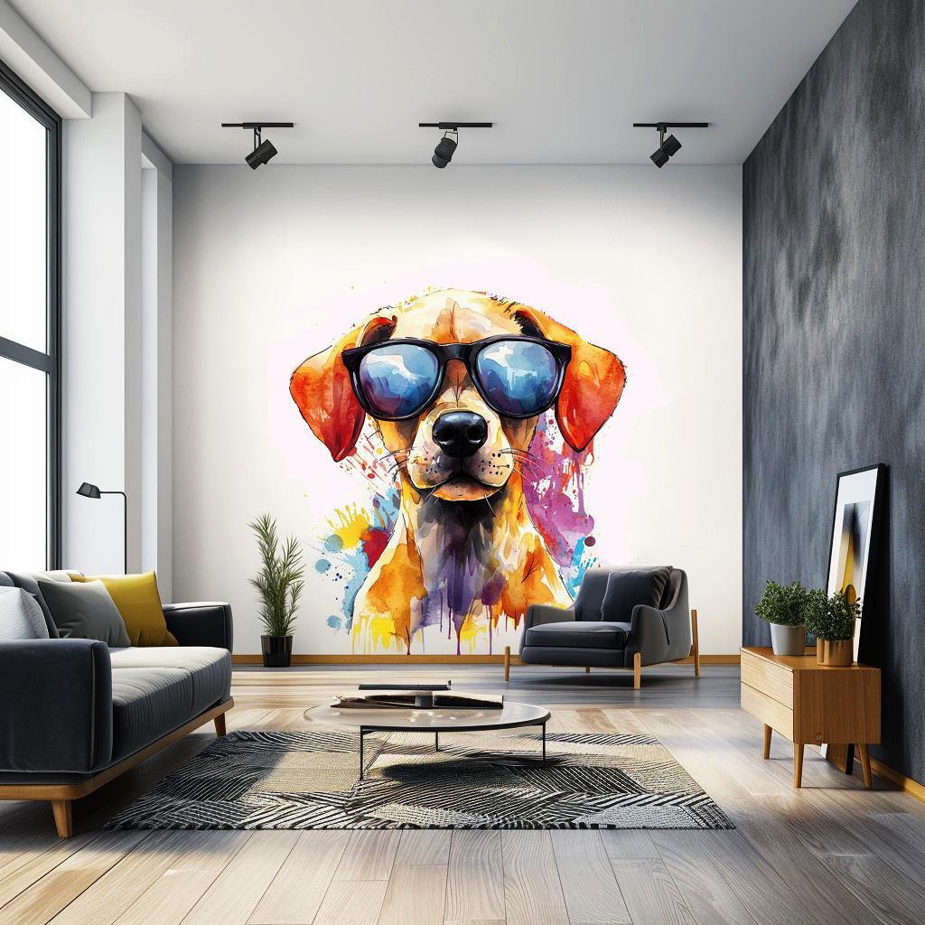Colorful Labrador puppy wall sticker with sunglasses in modern living room decorating playful space.