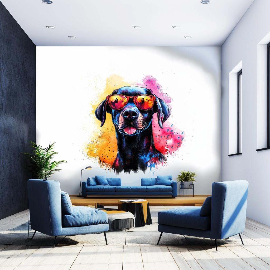 Vibrant Labrador Retriever wall sticker with sunglasses in a modern living room setting.