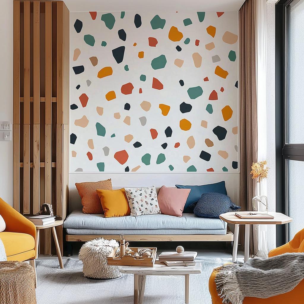 Colorful terrazzo wall stickers in a modern kids room, featuring playful shapes and cheerful decor.