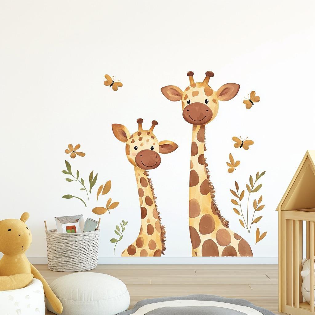 Playful giraffe wall decal in a children's room, featuring two friendly giraffes with butterflies and leaves, ideal for kids' decor.