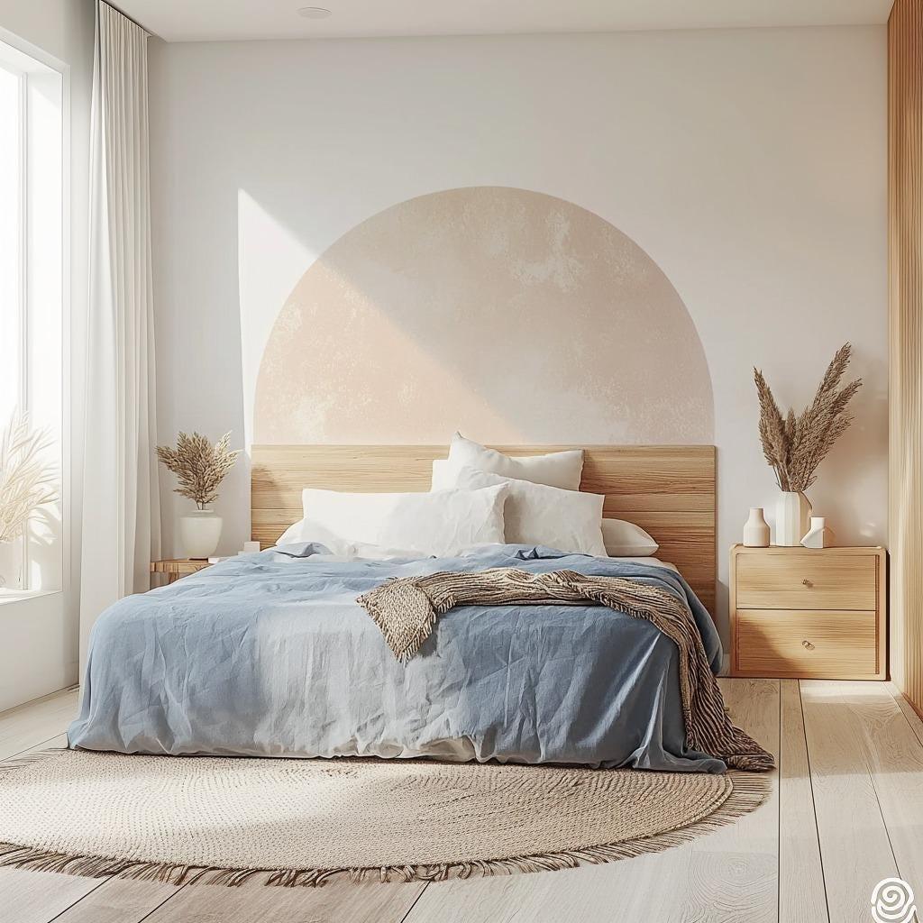 Boho headboard decal in pastel tones behind a minimalist bed, enhancing the serene bedroom decor.