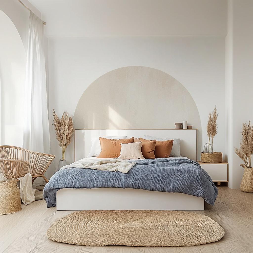 Elegant pastel cream bedroom featuring a minimalist boho half-circle wall decal above a cozy bed.