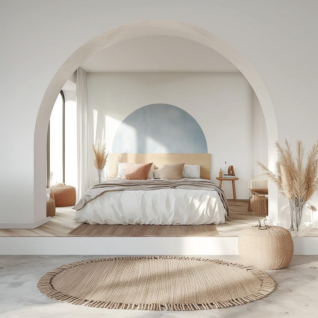 Scandinavian bedroom with minimalist headboard decal in muted blue, showcasing a serene and elegant decor.