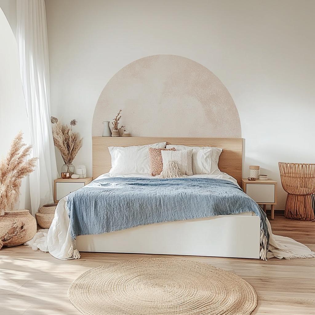 Boho bedroom featuring a pastel semi-circle wall decal above a wooden bed with cozy bedding and natural decor.