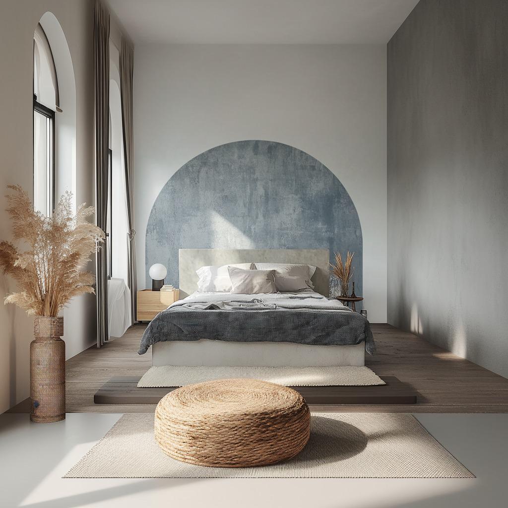 Modern bedroom featuring a textured muted blue half circle wall decal behind a bed, enhancing minimalist decor.