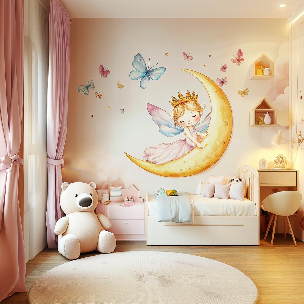 Fairy Princess on the Moon Wall Decal | Pastel Nursery Wall Art | Removable Fairy, Crescent, Butterfly Wall Sticker | Girls Room Decor