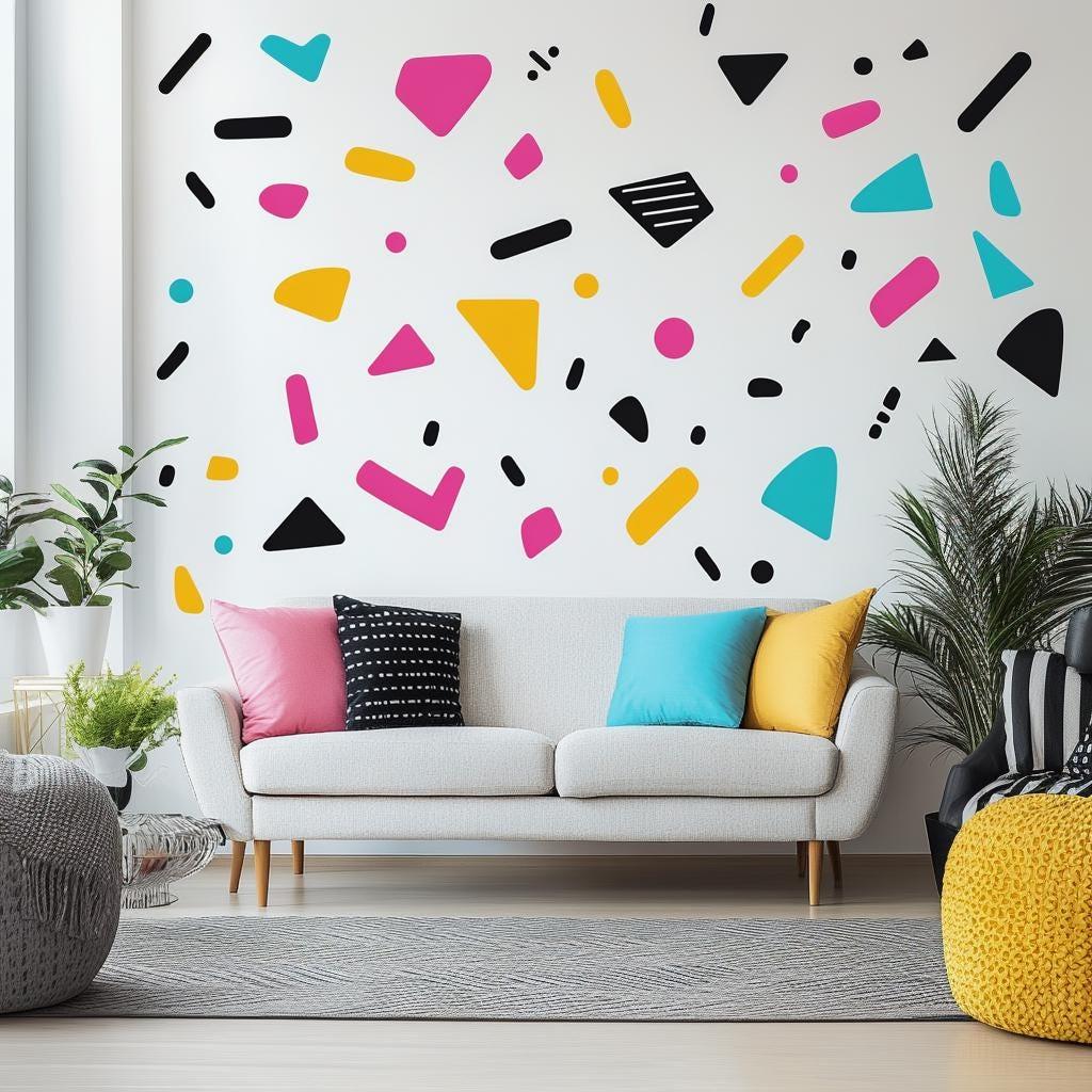 Colorful Memphis pattern wall decals in a modern living room with a cozy sofa and decorative pillows.
