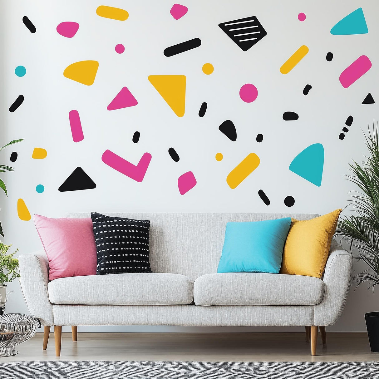 Colorful Memphis pattern wall decals on a living room wall above a white sofa with colorful pillows.