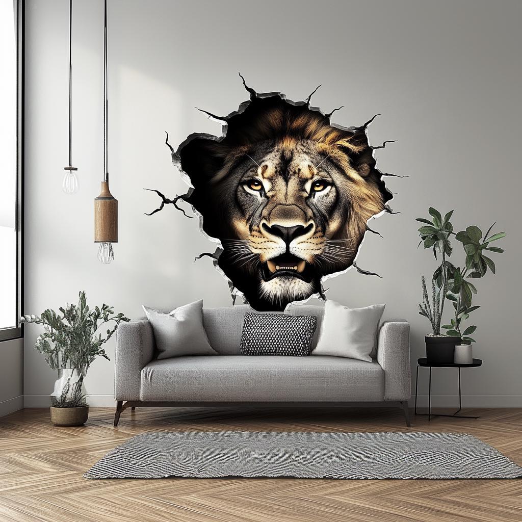 3D lion wall decal breaking through wall in modern living room decor.