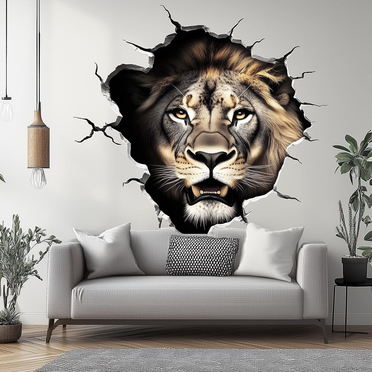 Lion Wall Decal | 3D Breakthrough Lion Head Sticker | Bold Animal Wall Art for Living Room, Office, or Man Cave | Removable Wall Decor