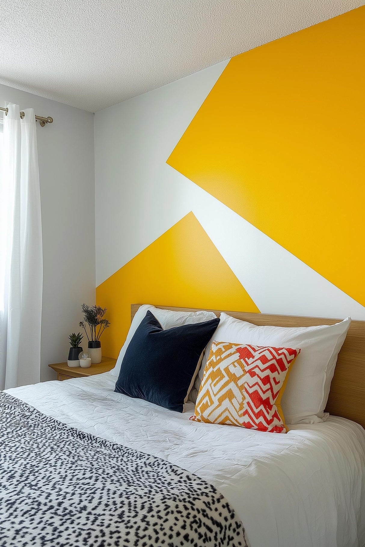 Bright geometric wall decal in a modern bedroom with colorful pillows and minimal decor.