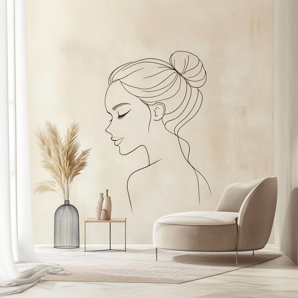 Minimalist line art wall decal of a woman's face in serene pose, perfect for modern home decor.