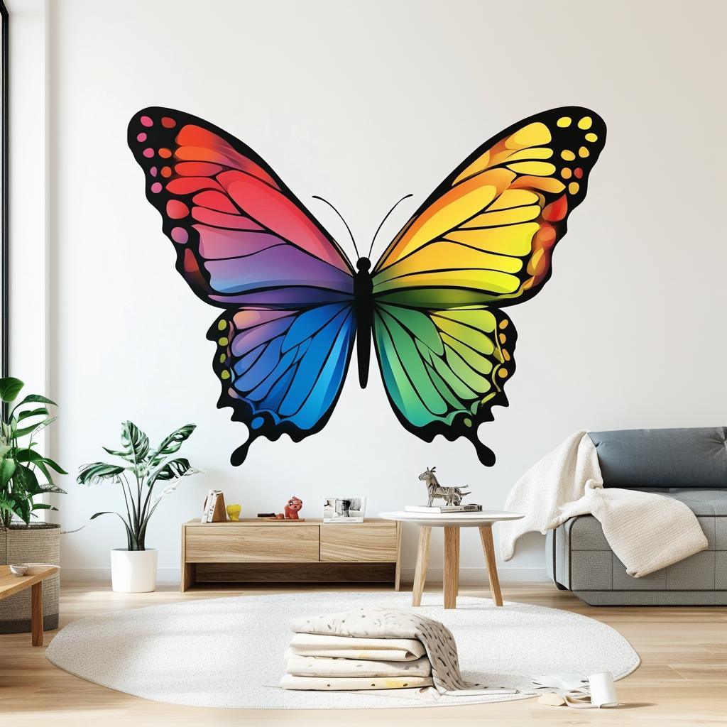 Large rainbow butterfly wall decal adding vibrant color to modern living room decor.