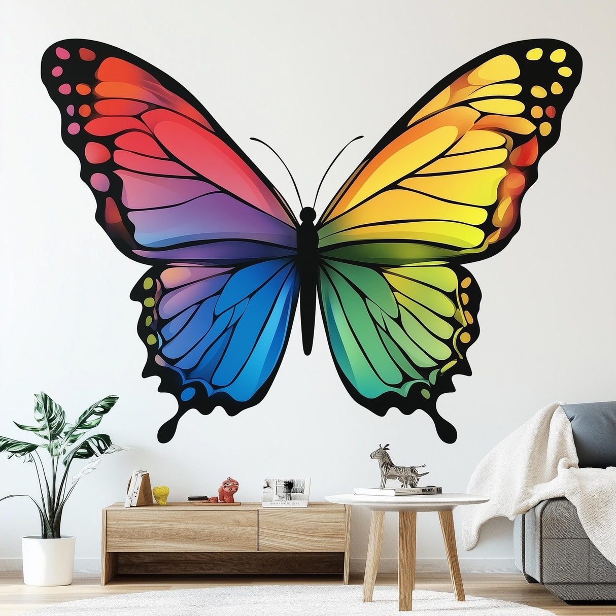 Large rainbow butterfly wall decal on wall, colorful wall art perfect for kids room or nursery decor.