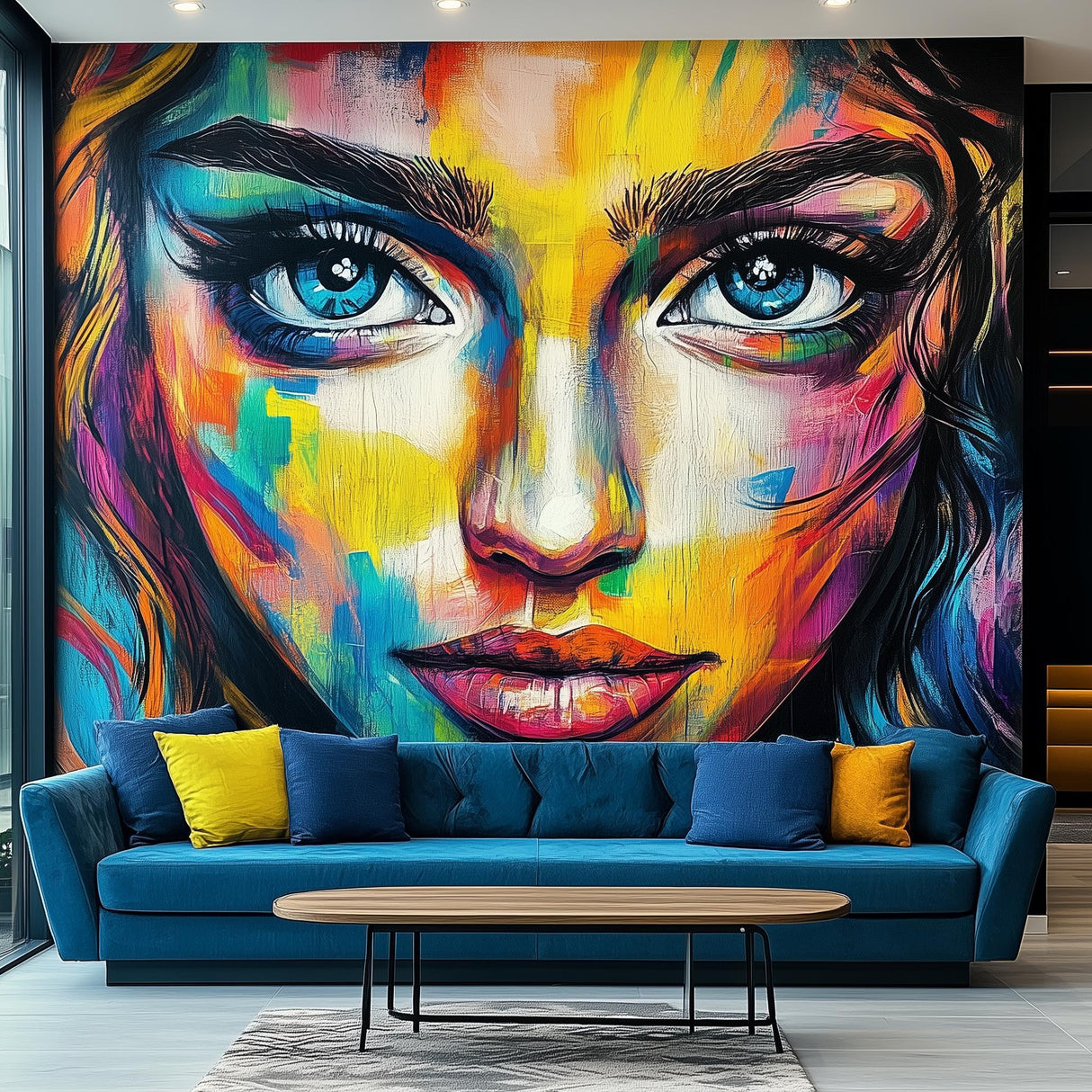 Vibrant abstract woman's face wallpaper mural in a modern living room, featuring bold colors and expressive eyes.