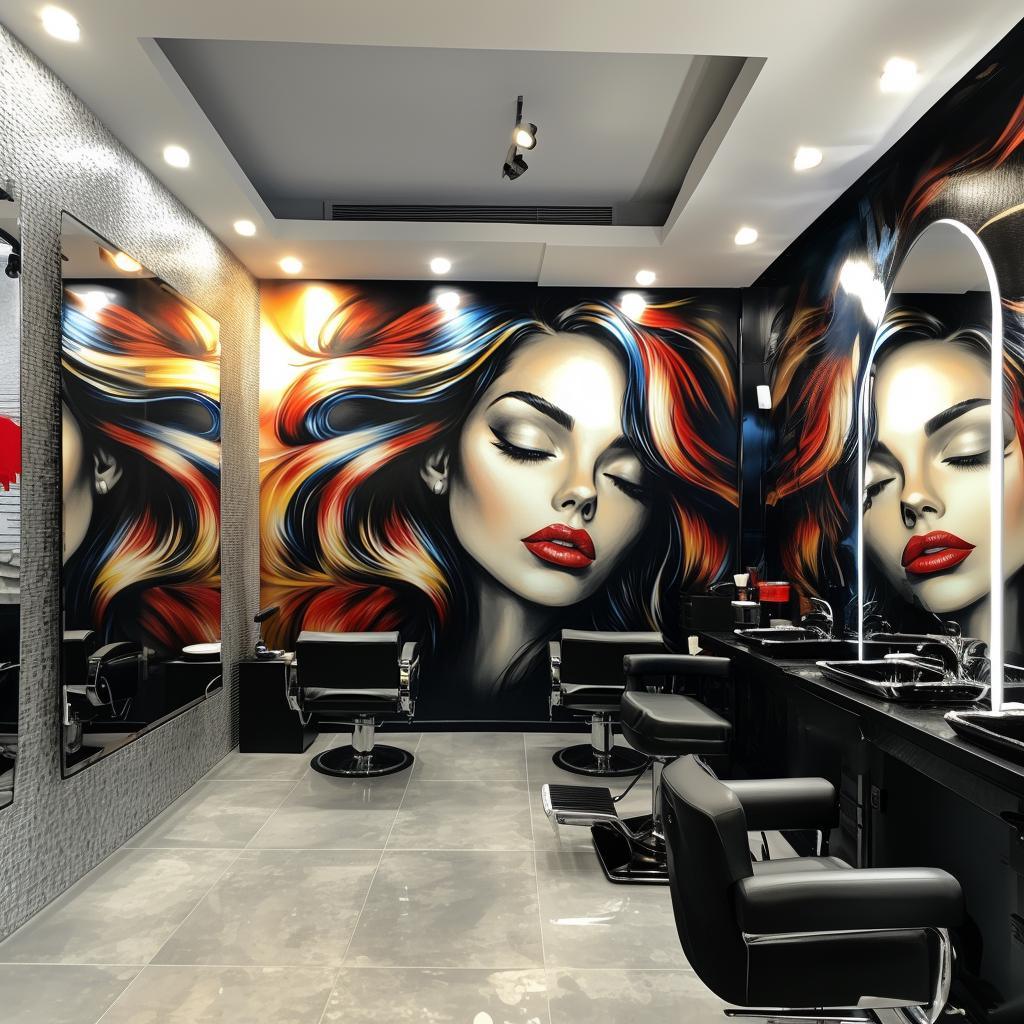 Modern salon interior featuring bold woman's portrait wallpaper and stylish black salon chairs.